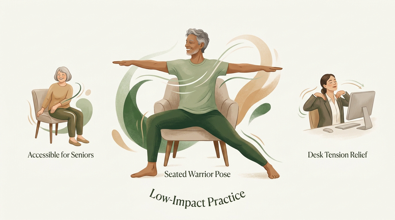 Seniors and office workers practicing gentle chair yoga poses for better mobility