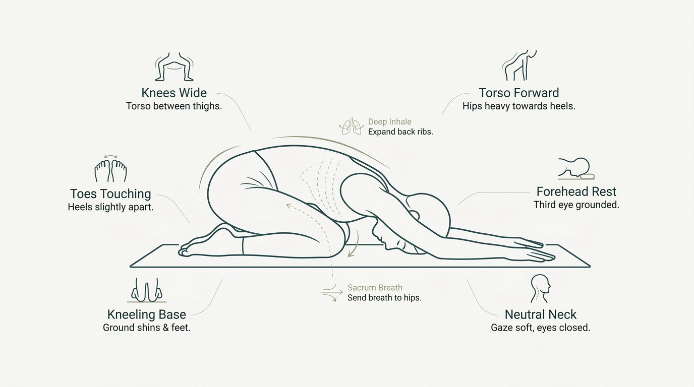 Person practicing a correct childs pose on a yoga mat