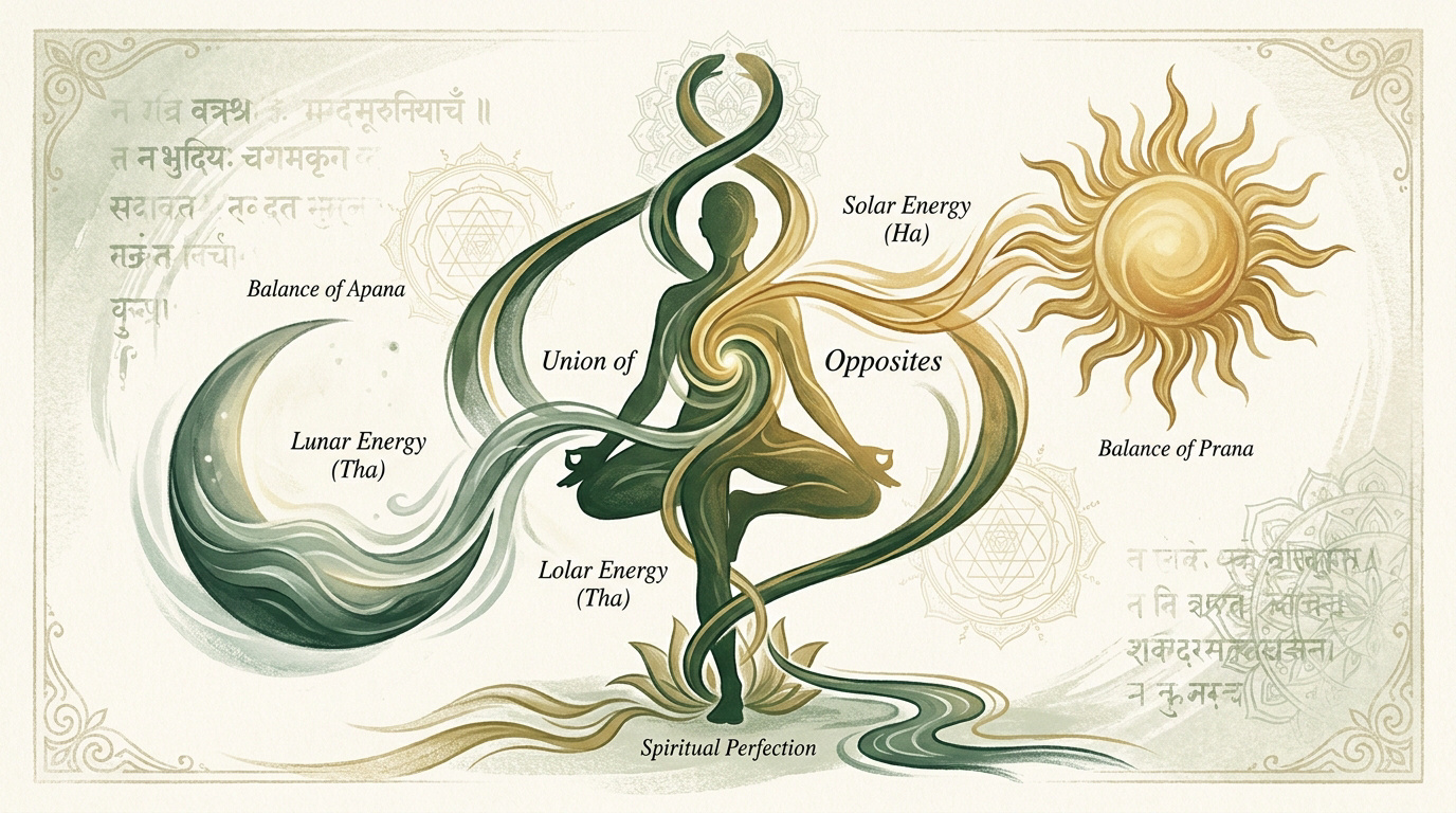 Symbolic representation of Hatha Yoga balancing solar and lunar energies