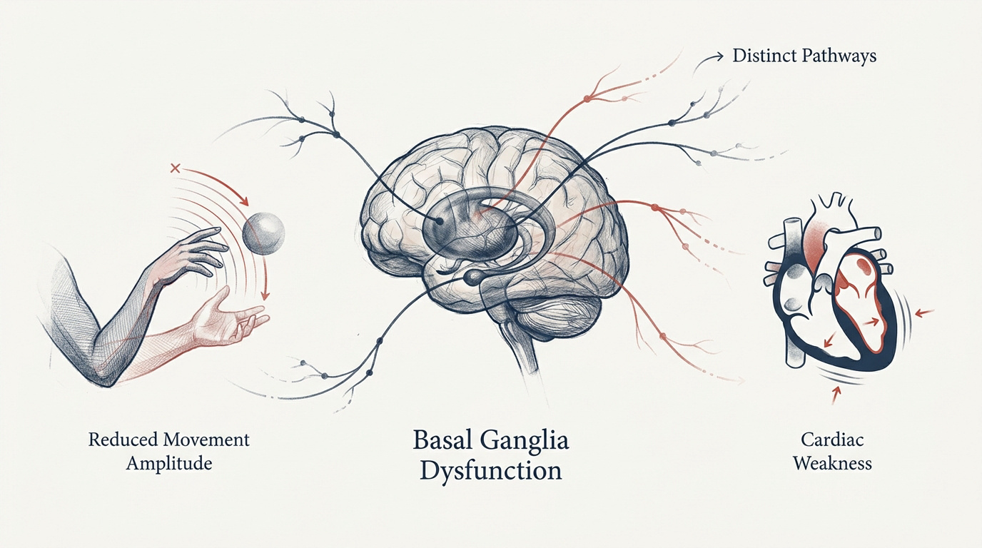 Diagram showing the connection between brain function, heart health, and movement amplitude in hypokinesia.