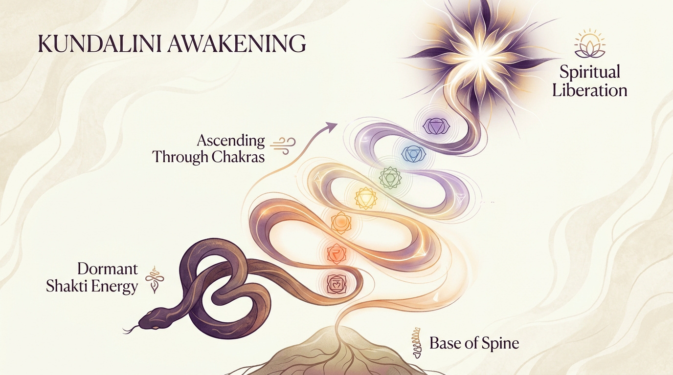 Diagram showing Kundalini energy flow through the seven chakras along the spine