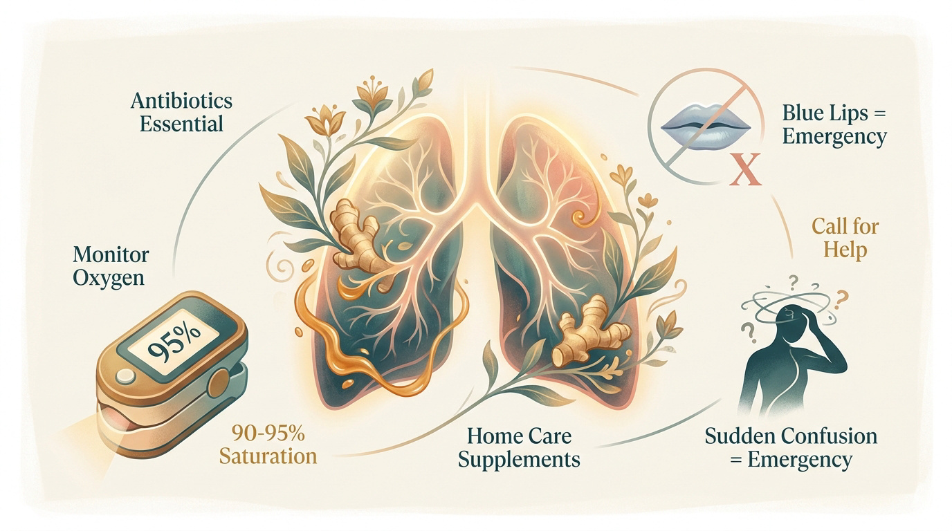 Medical professional explaining lung health monitoring and home care support for pneumonia recovery