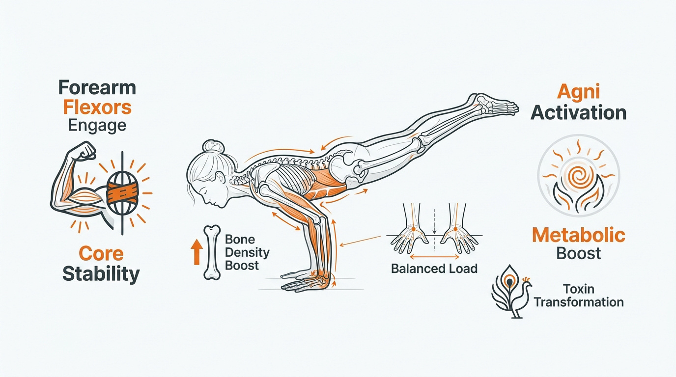 Anatomy and benefits of Mayurasana Peacock Pose infographic