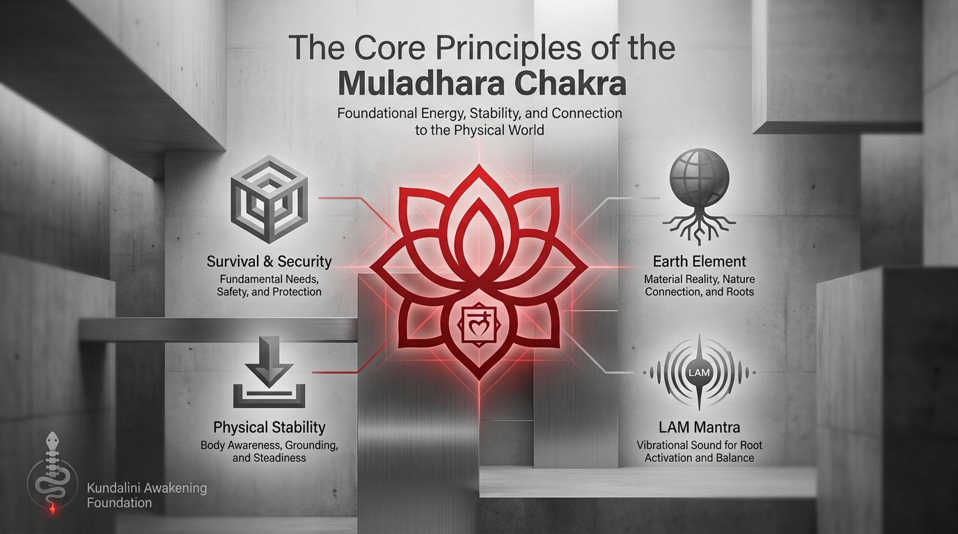 Infographic showing the core principles and location of the Muladhara root chakra at the base of the spine.