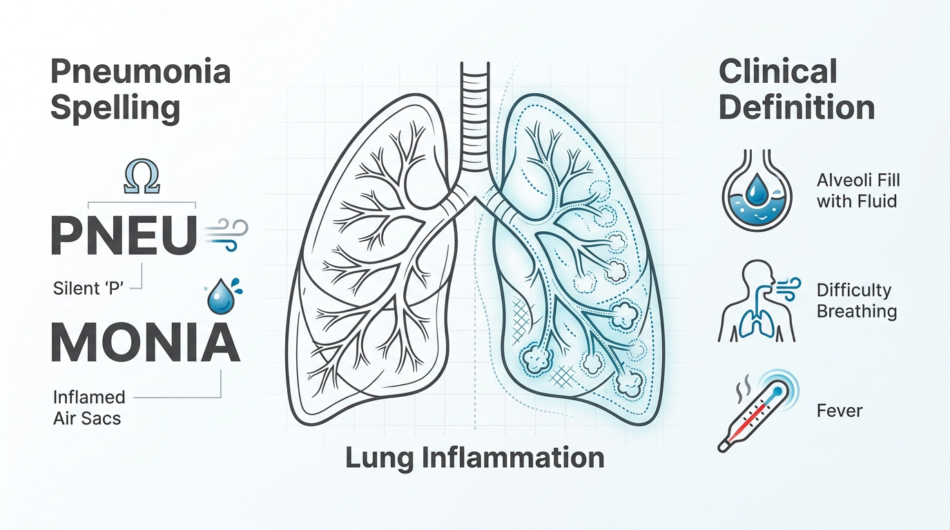 Visual guide on how to spell pneumonia with clinical lung inflammation details