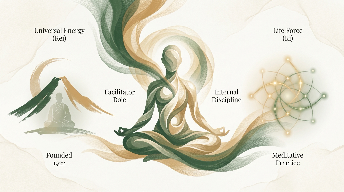 A practitioner performing a reiki healing session focusing on energy balance and mental clarity.
