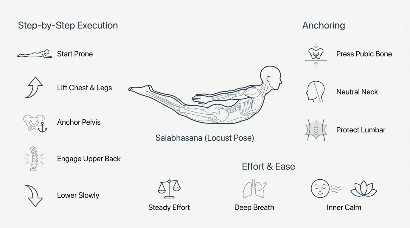 Infographic showing the correct alignment and technique for Salabhasana Locust Pose