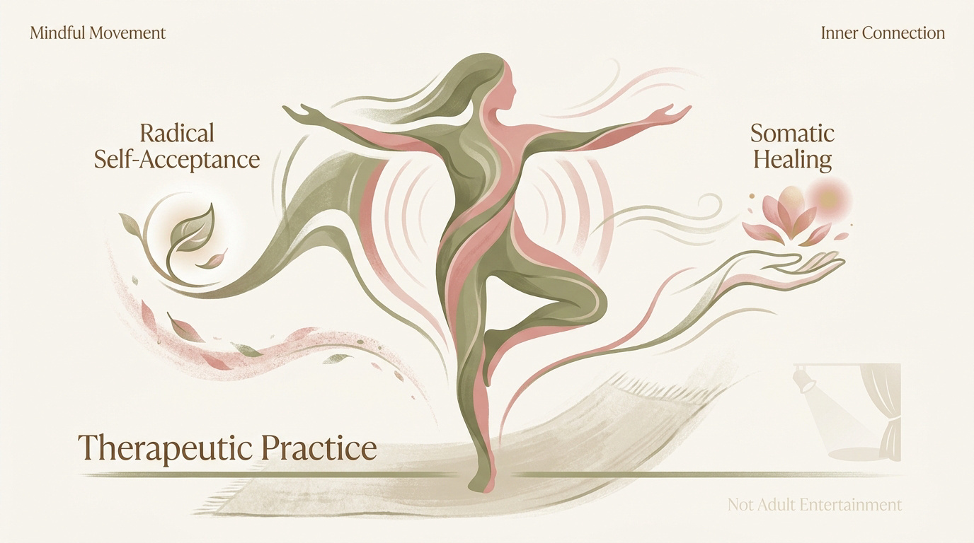 A serene individual practicing nude yoga in a peaceful natural setting, symbolizing body positivity and healing