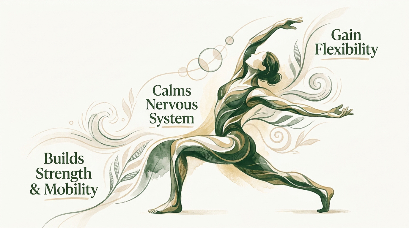 A person practicing a serene yoga flow demonstrating strength and flexibility