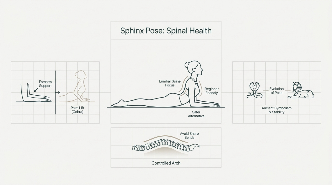 Infographic showing proper alignment for Sphinx Pose to support spinal health