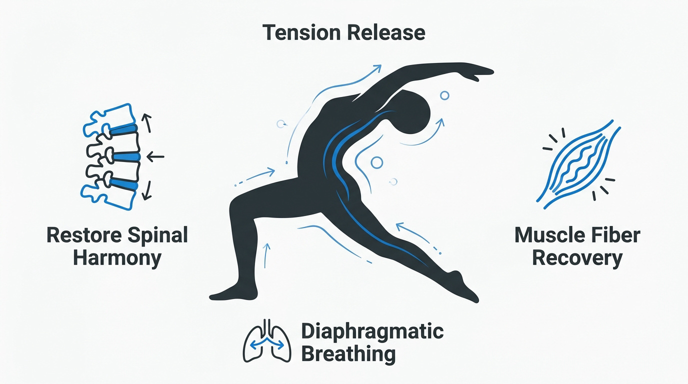 Infographic showing spinal health recovery through stretching and breathing techniques
