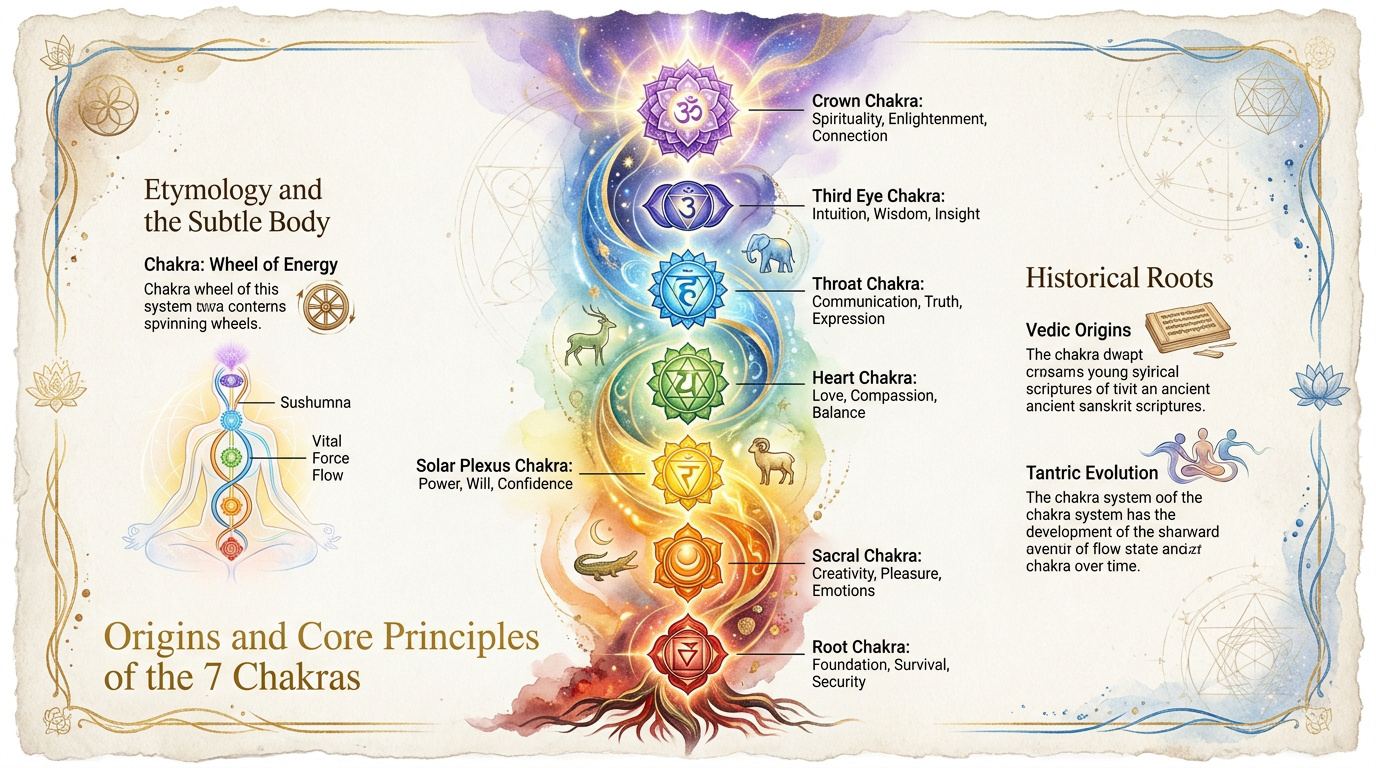 Illustration of the seven main chakras aligned along the human spine with their respective colors
