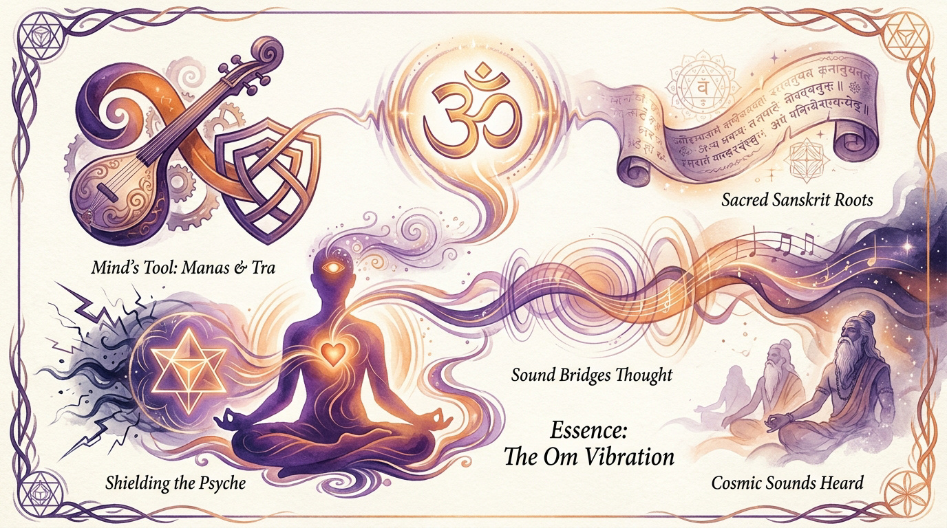 Ancient Sanskrit mantra inscriptions representing the instrument of thought