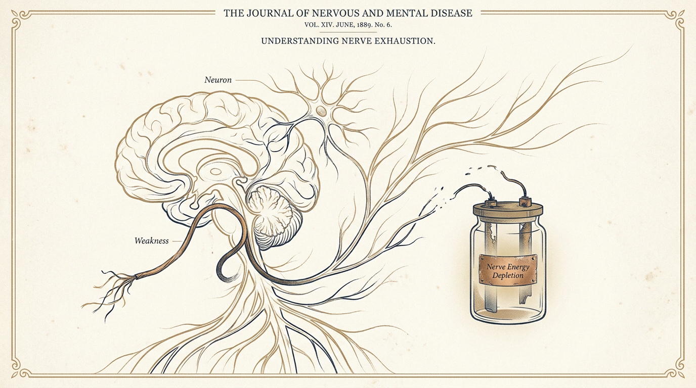 19th-century medical illustration showing the concept of nerve exhaustion and neurasthenia symptoms.