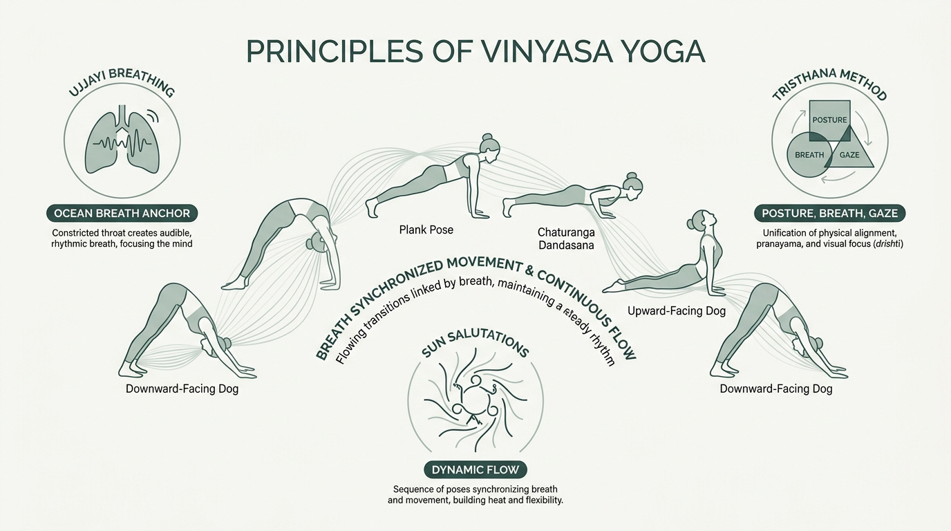 Yoga practitioner performing a fluid vinyasa flow transition with focused breathing