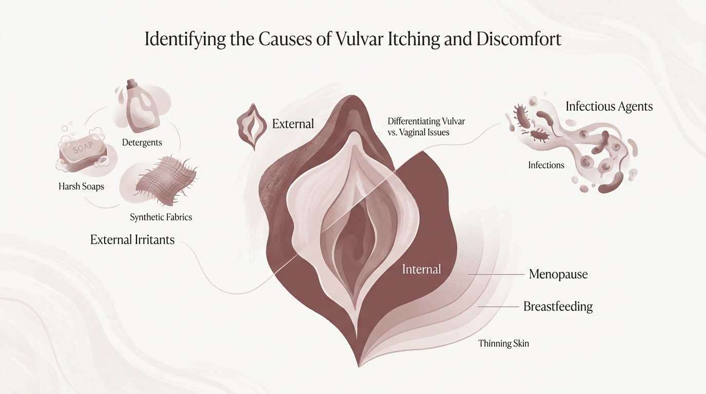 Infographic showing common causes of vulvar itching including irritants and hormonal changes