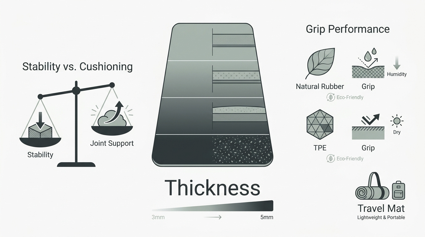 Infographic explaining key yoga mat features including thickness and material density