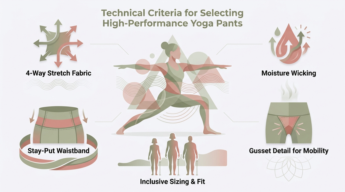 Infographic detailing technical criteria for selecting high-performance yoga pants including fabric and waistband engineering